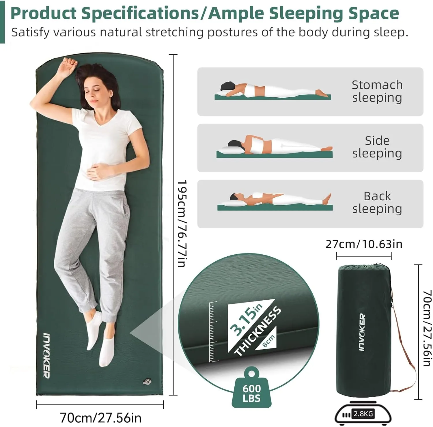 INVOKER 3.15" Self Inflating Camping Sleeping Pad, Ultra-Thick Elasticity Foam Fast Inflating 4-Season Insulated Durable Camping Mat Air Mattress with Pillow, for Tent, Car, Camping, Traveling, Green