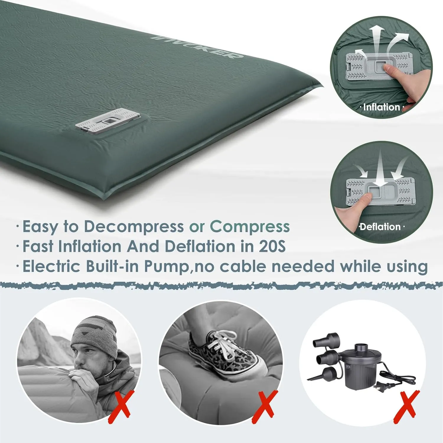 INVOKER Camping Sleeping Pad Foam Built-in Electric Air Pump 3.4" Ultra-Thick Self Inflating Sleeping Pad Fast Inflating in 20s Camping Mattress with Pillow for Car, Travel, Tent, Picnc
