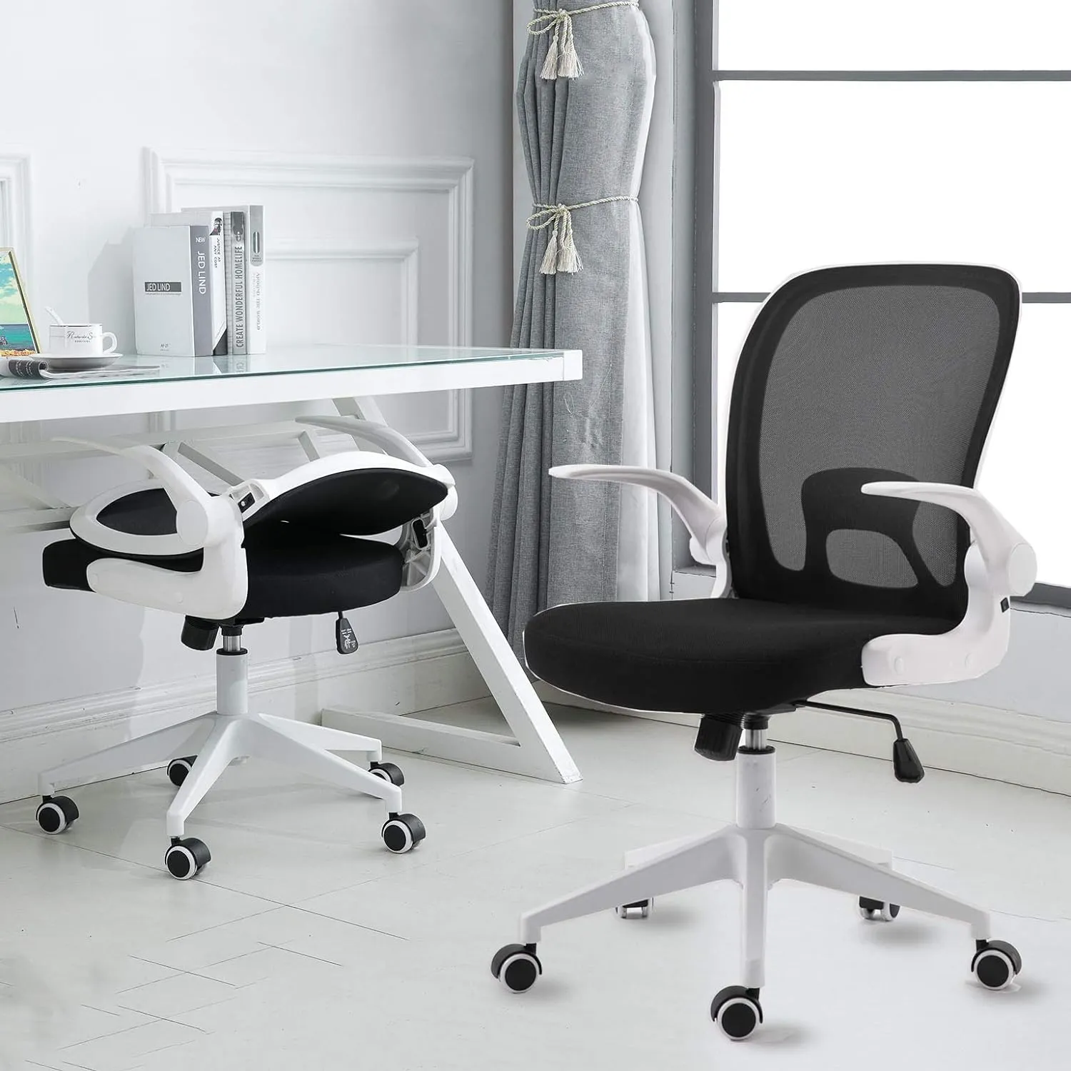 IPKIG Foldable Office Chair - Home Office Desk Chairs with Wheels and Flip-Up Arms - Foldable Backrest Mesh Computer Chair Adjustable Swivel Rolling Home Executive (White)