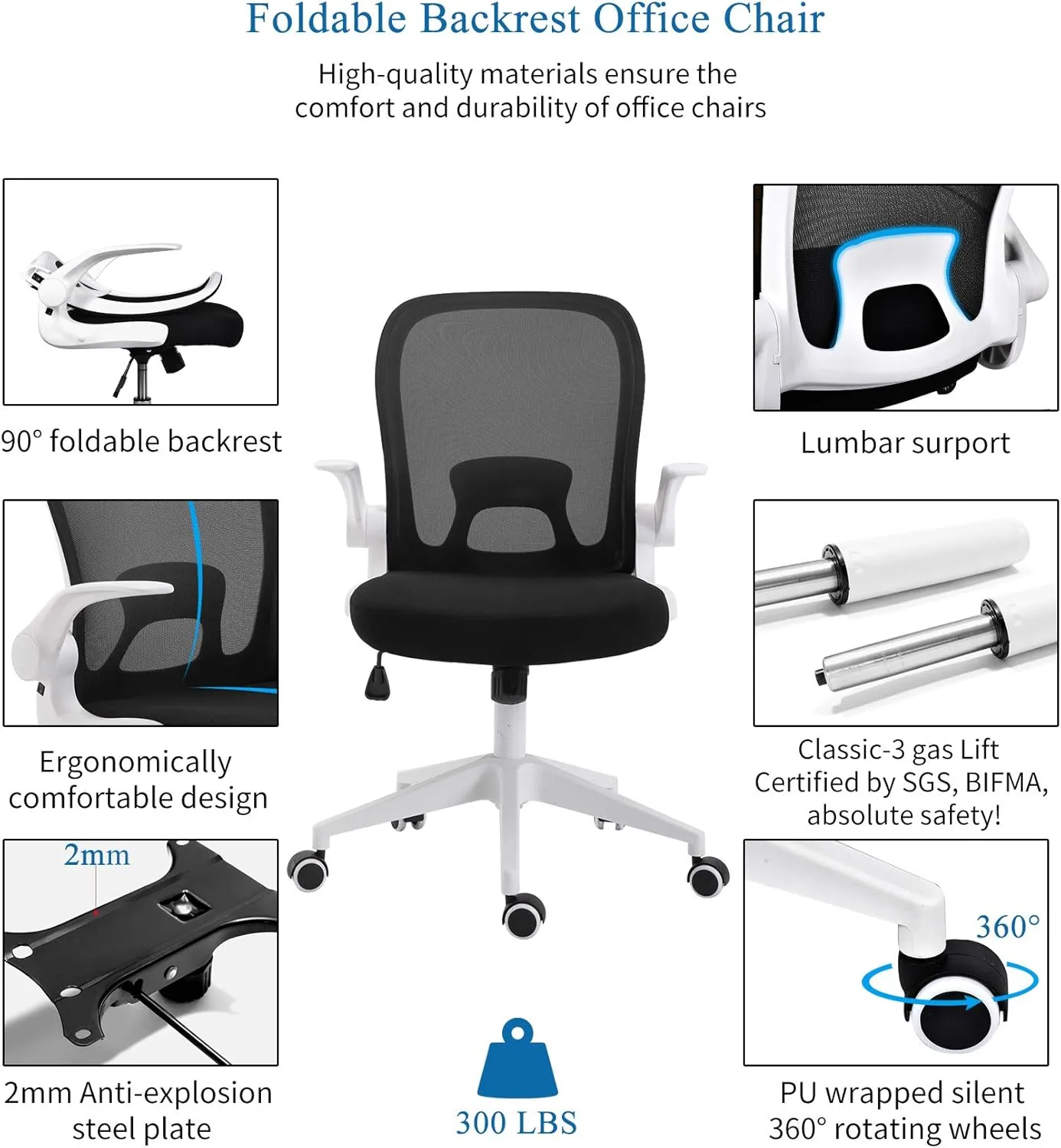 IPKIG Foldable Office Chair - Home Office Desk Chairs with Wheels and Flip-Up Arms - Foldable Backrest Mesh Computer Chair Adjustable Swivel Rolling Home Executive (White)