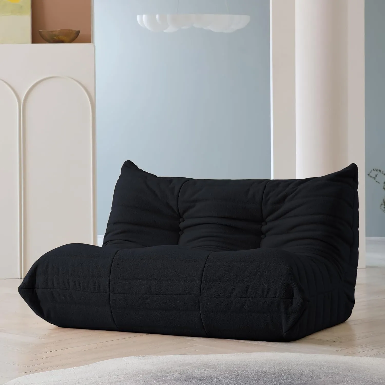 JACH 53" Lazy Floor Sofa Couch, Teddy Velvet Mohair Fireside Corner Bean Bag Chairs for Adults, Soft Lounge Foam-Filled Accent 2-Seat Chair for Living Room Office Salon, Black