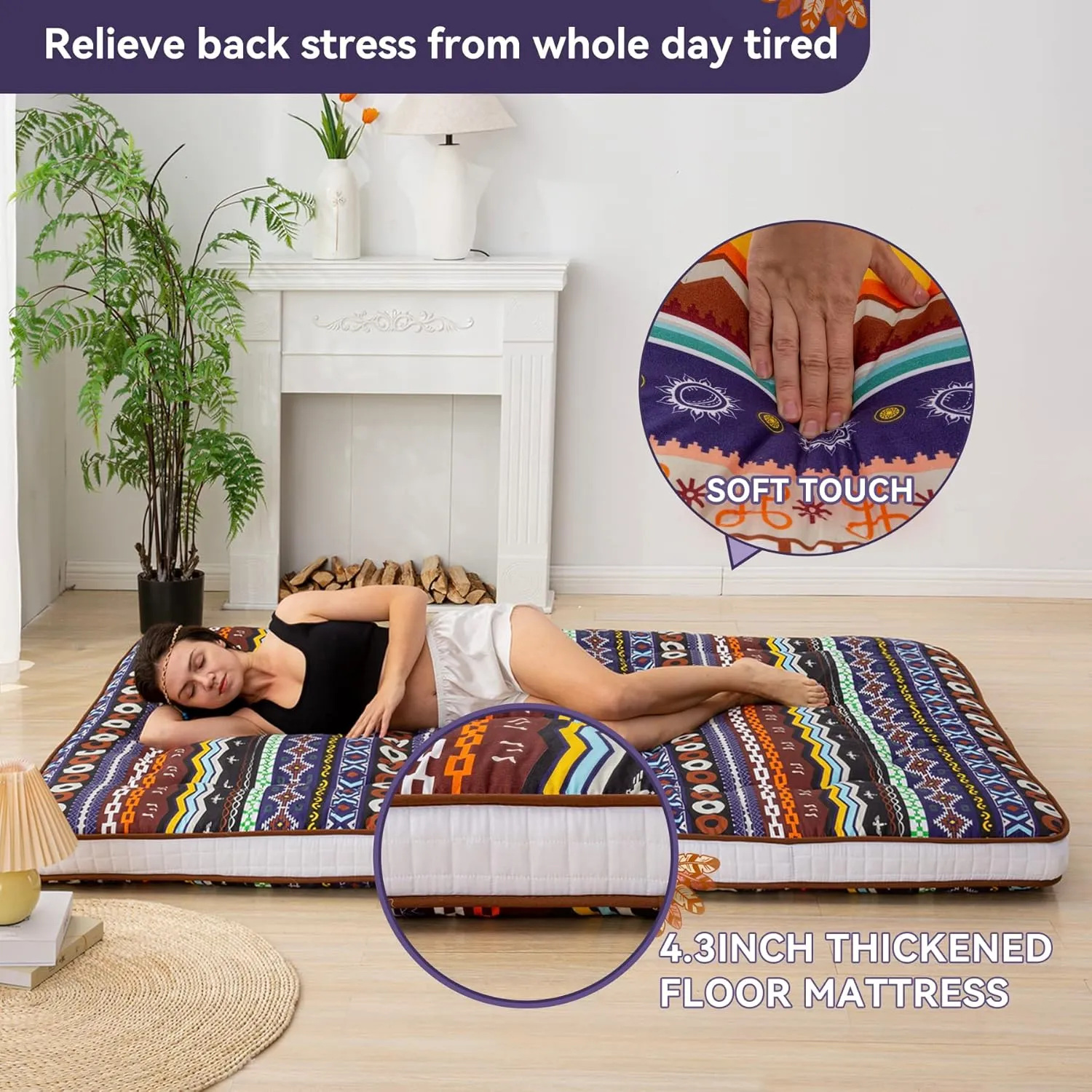 Japanese Floor Futon Mattress Extra Thick Folding Roll Up Bed Topper Mat for Guest,Lounger and Tavel