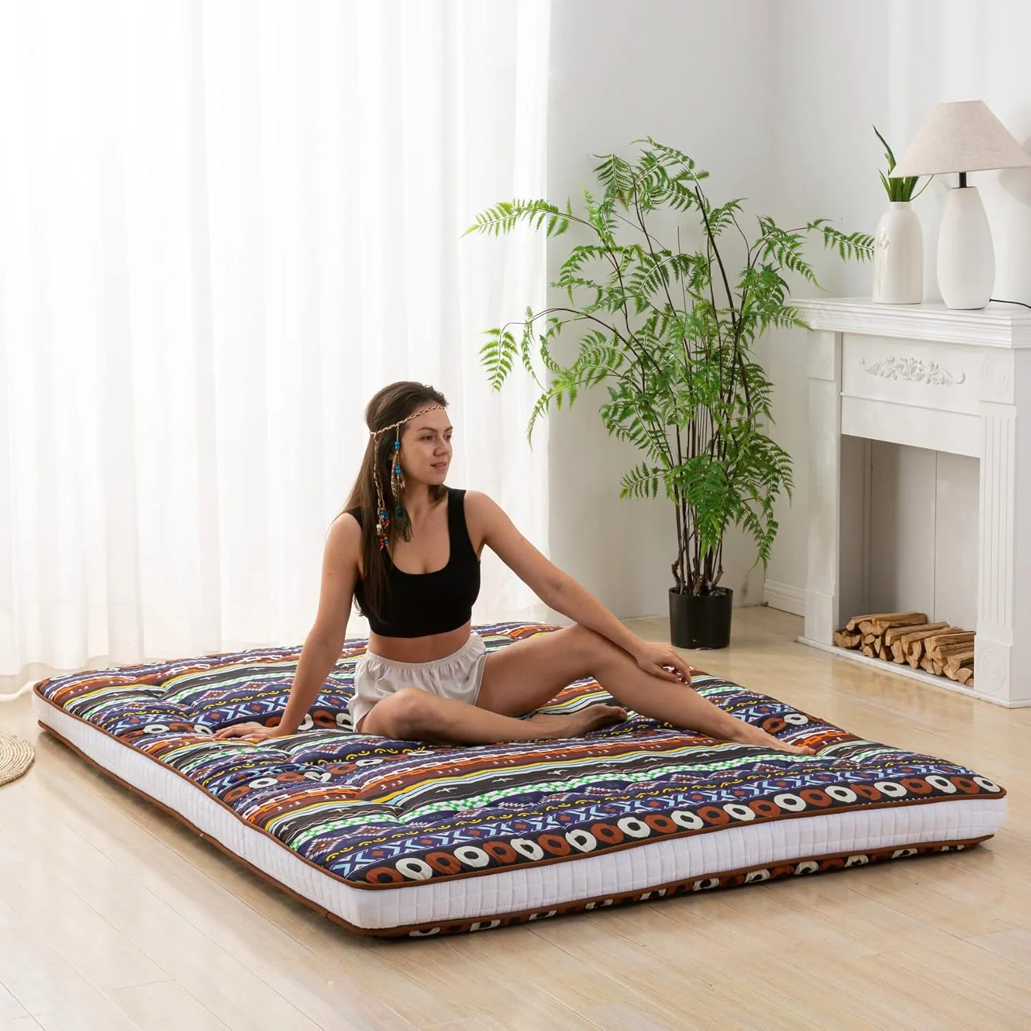 Japanese Floor Futon Mattress Extra Thick Folding Roll Up Bed Topper Mat for Guest,Lounger and Tavel