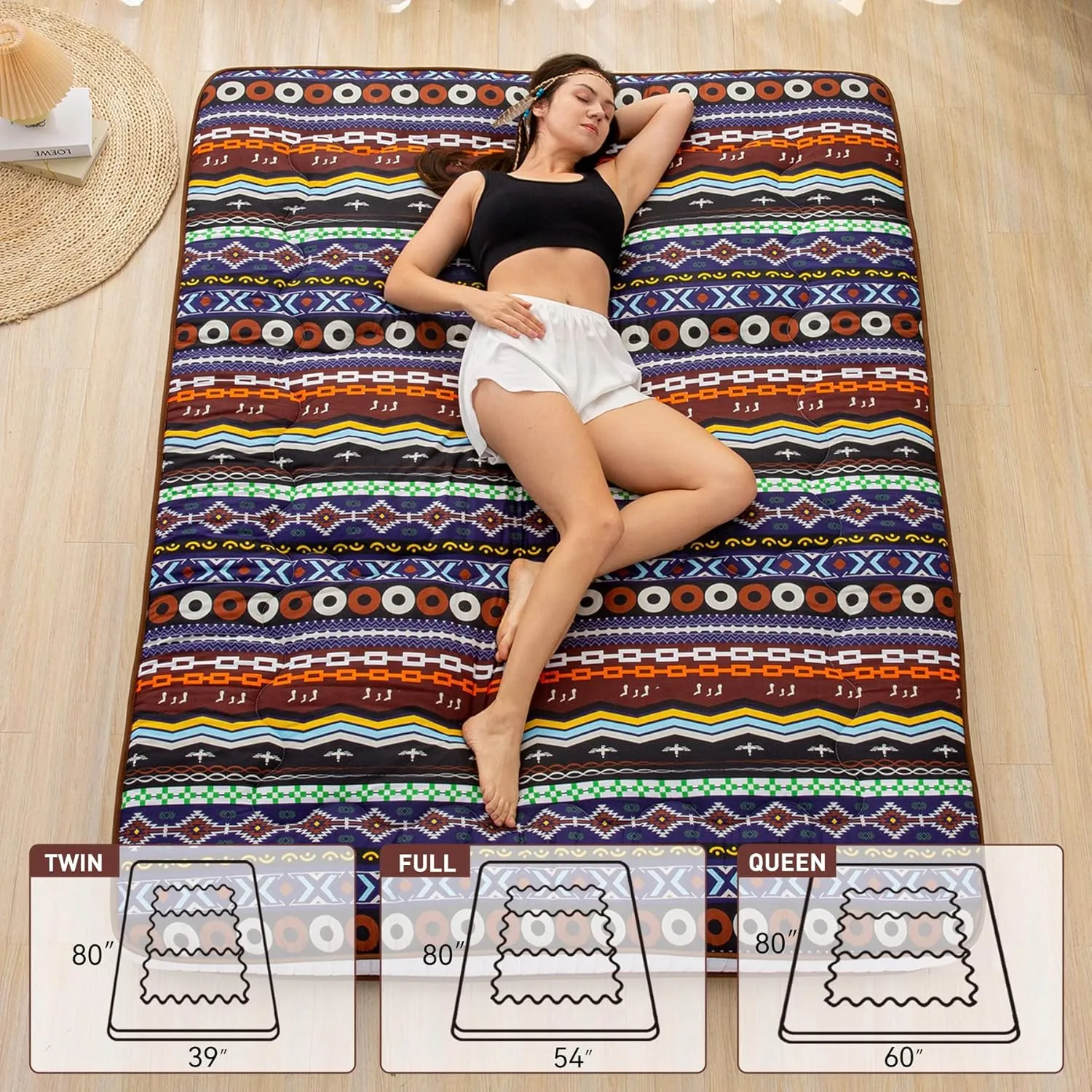 Japanese Floor Futon Mattress Extra Thick Folding Roll Up Bed Topper Mat for Guest,Lounger and Tavel