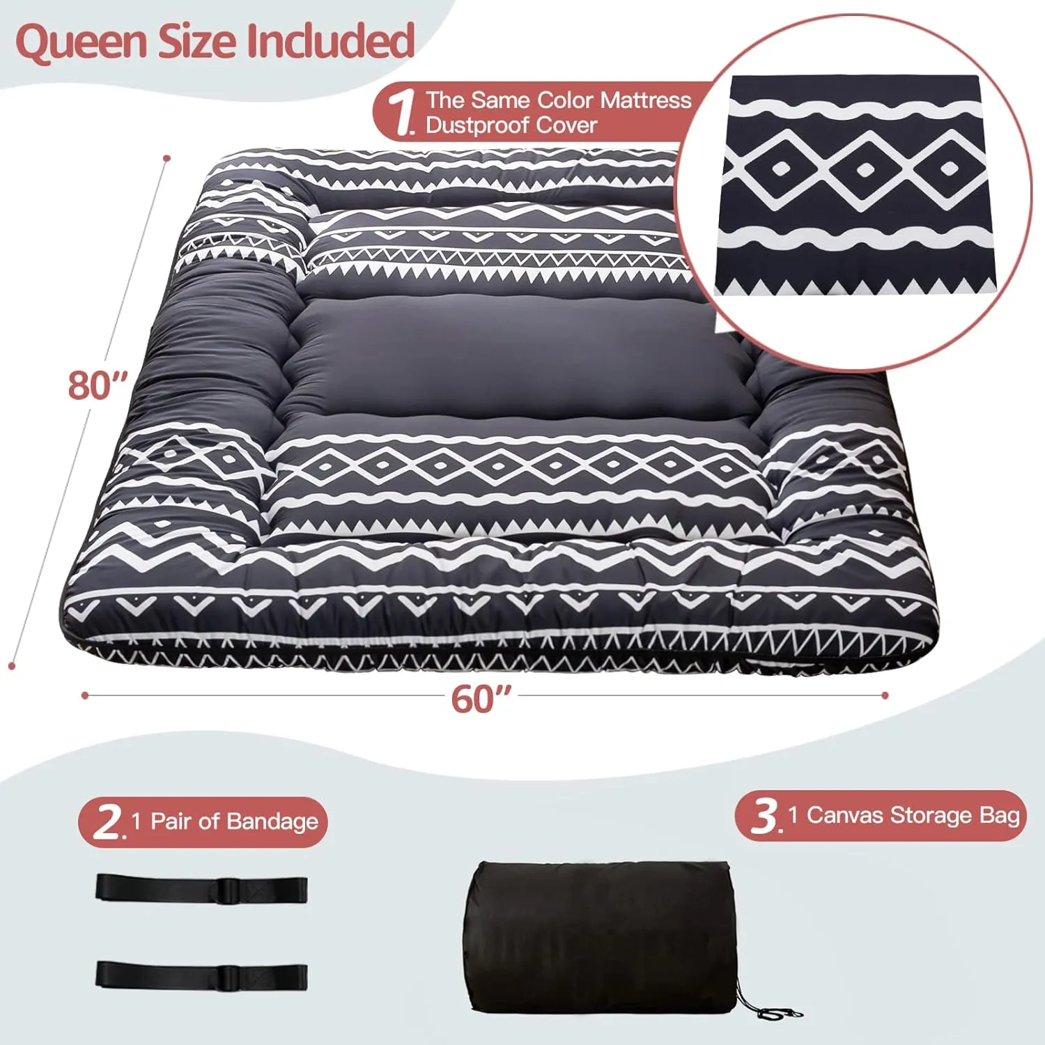 Japanese Floor Futon Mattress - Thicken Sleeping Pad, Roll Up Floor Lounger Bed, Camping and Guest Room Pad, Thick Soft and Comfortable, Black Stripe, Queen Size