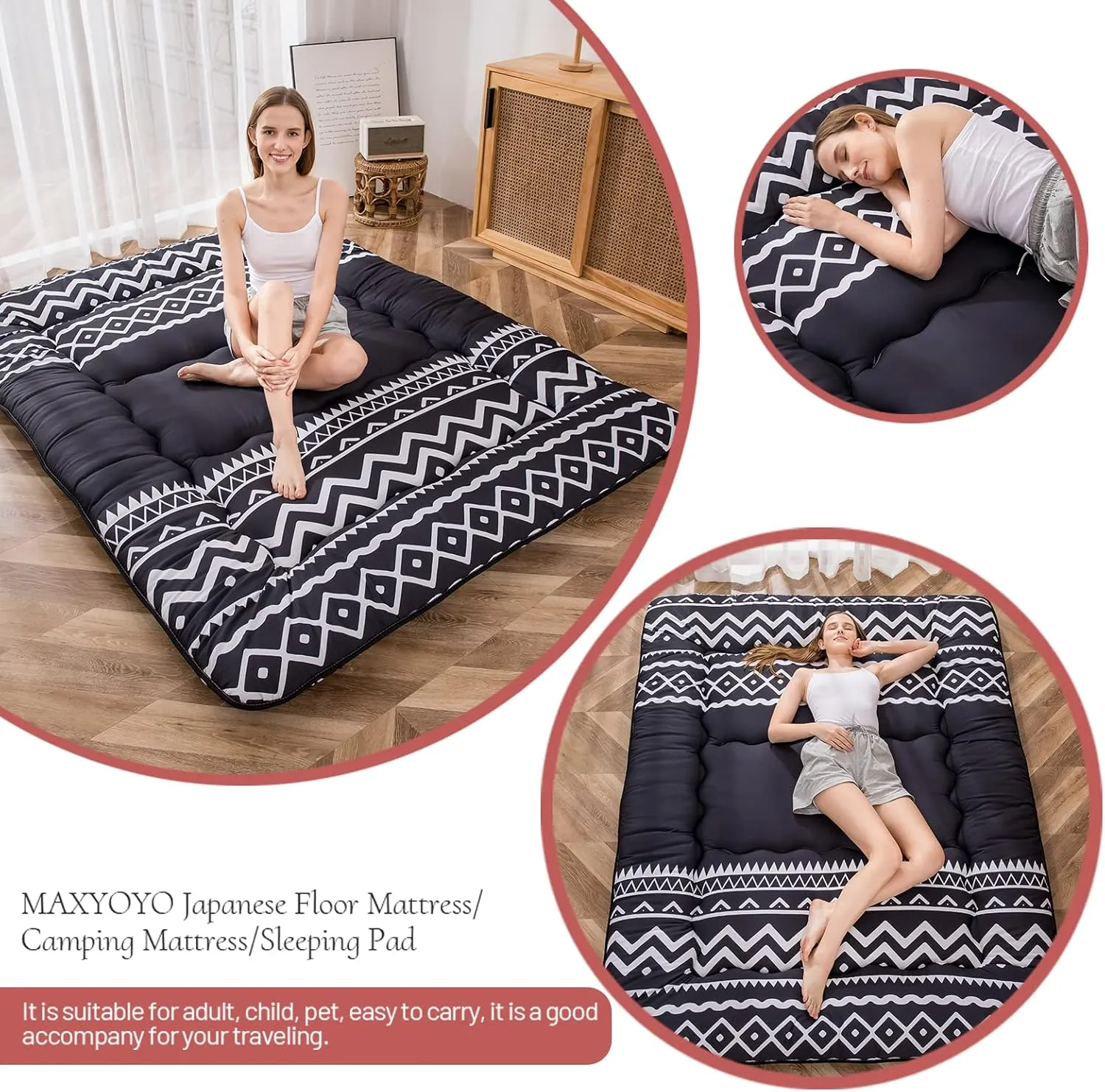 Japanese Floor Futon Mattress - Thicken Sleeping Pad, Roll Up Floor Lounger Bed, Camping and Guest Room Pad, Thick Soft and Comfortable, Black Stripe, Queen Size