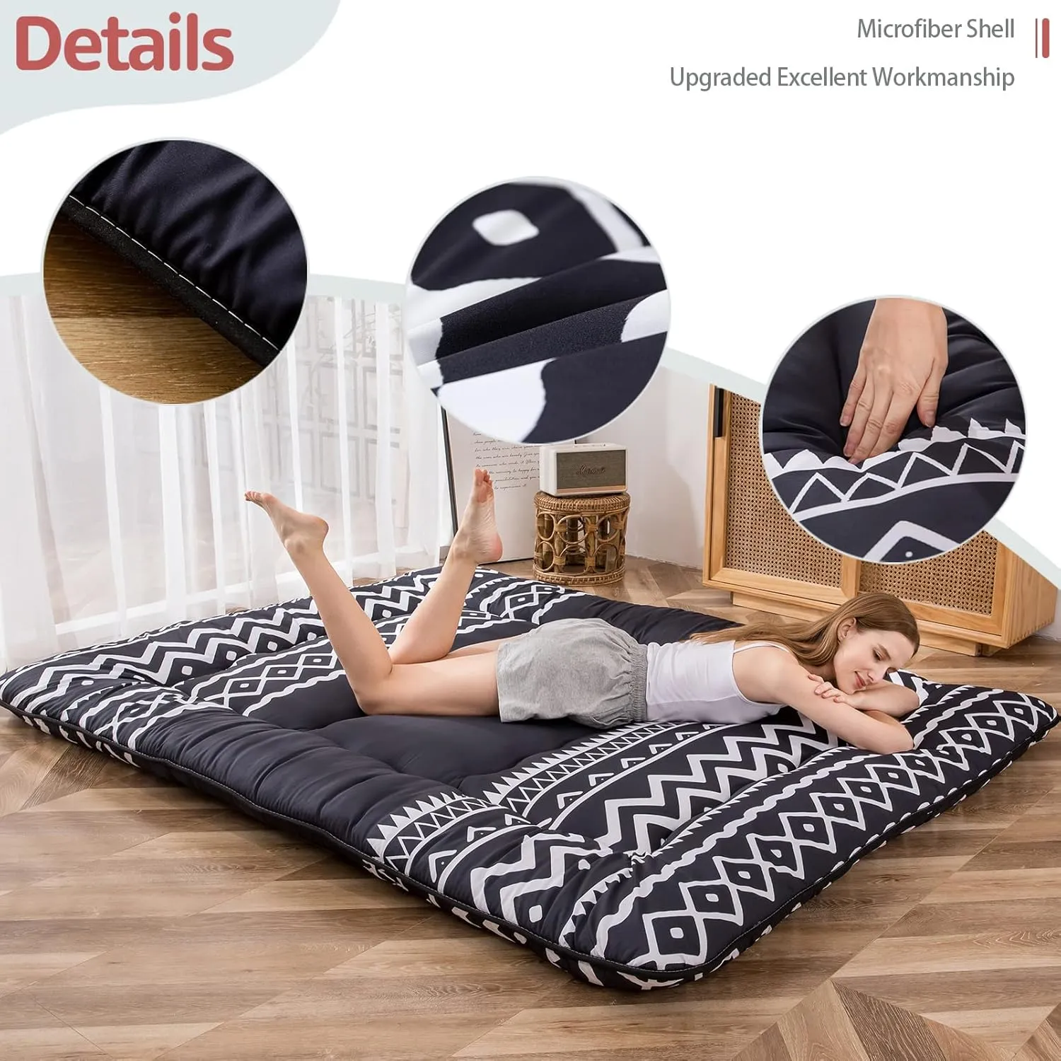 Japanese Floor Futon Mattress - Thicken Sleeping Pad, Roll Up Floor Lounger Bed, Camping and Guest Room Pad, Thick Soft and Comfortable, Black Stripe, Queen Size