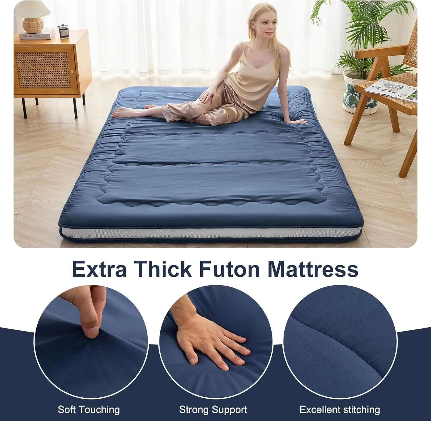 Japanese Floor Mattress, 4" Japanese Futon Mattress, Foldable & Portable Shiki Futon (shikibuton), Roll Up Thicken Sleeping Tatami Mat Sleeping Pad for Camping (Navy Blue, 54 x 80)