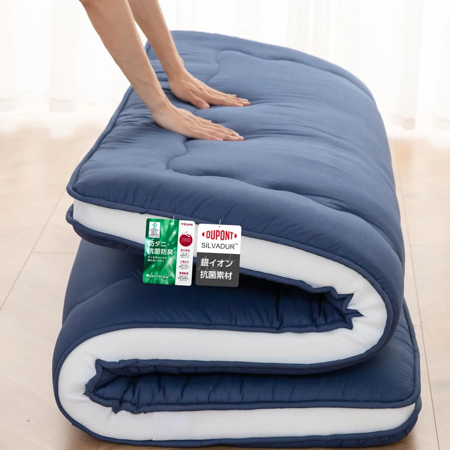 Japanese Floor Mattress, 4" Japanese Futon Mattress, Foldable & Portable Shiki Futon (shikibuton), Roll Up Thicken Sleeping Tatami Mat Sleeping Pad for Camping (Navy Blue, 54 x 80)