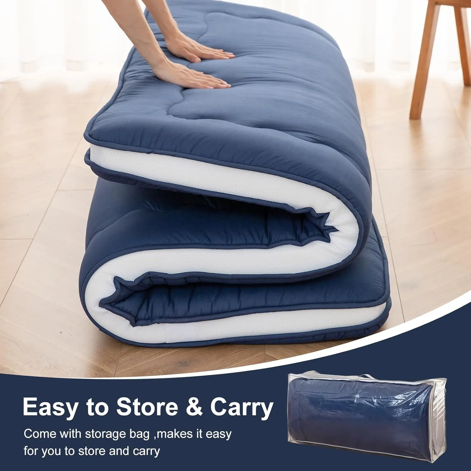 Japanese Floor Mattress, 4" Japanese Futon Mattress, Foldable & Portable Shiki Futon (shikibuton), Roll Up Thicken Sleeping Tatami Mat Sleeping Pad for Camping (Navy Blue, 54 x 80)