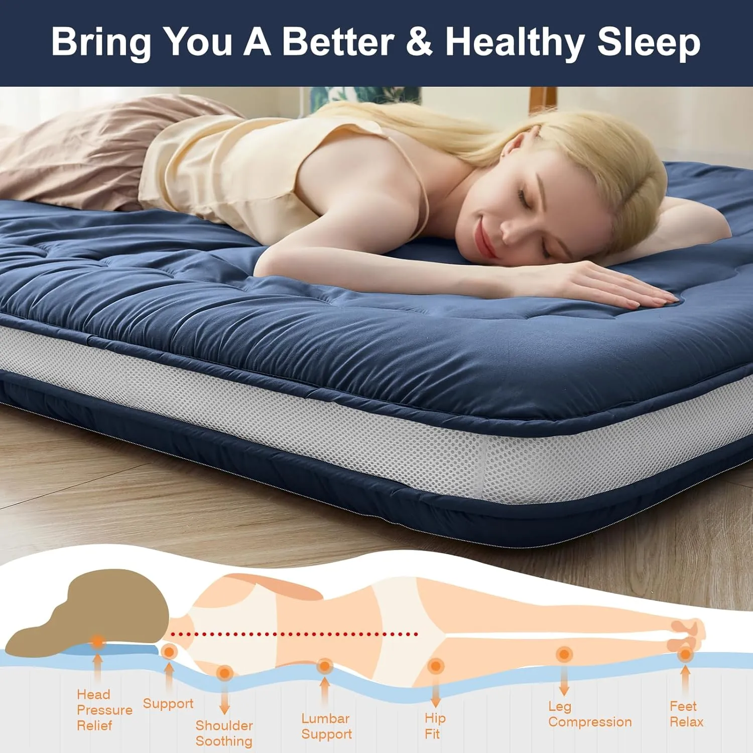 Japanese Floor Mattress, 4" Japanese Futon Mattress, Foldable & Portable Shiki Futon (shikibuton), Roll Up Thicken Sleeping Tatami Mat Sleeping Pad for Camping (Navy Blue, 54 x 80)