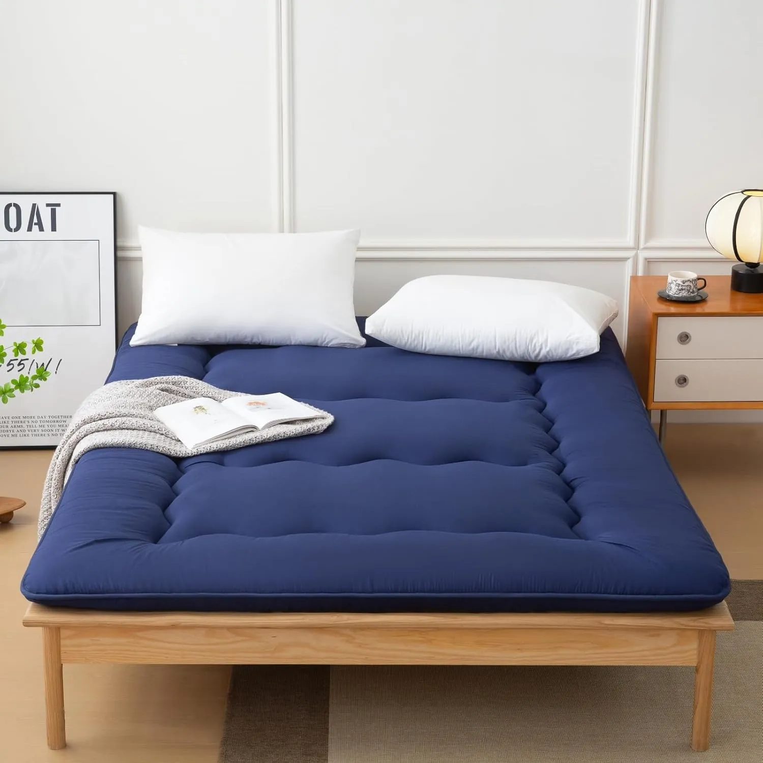 Japanese Floor Mattress Futon Mattress, Foldable Roll Up Mattress with Portable Storage Bag, Tatami Mat Sleeping Pad Suitable for Camping, Guest Room, Blue, Queen