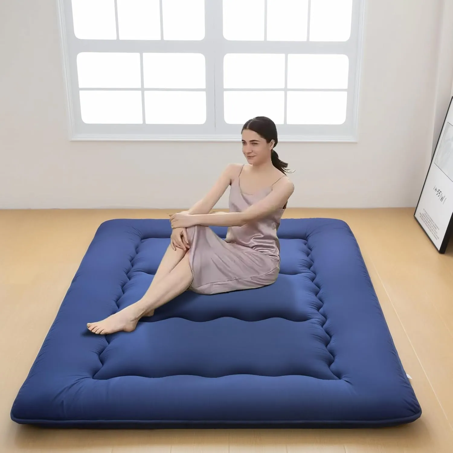Japanese Floor Mattress Futon Mattress, Foldable Roll Up Mattress with Portable Storage Bag, Tatami Mat Sleeping Pad Suitable for Camping, Guest Room, Blue, Queen