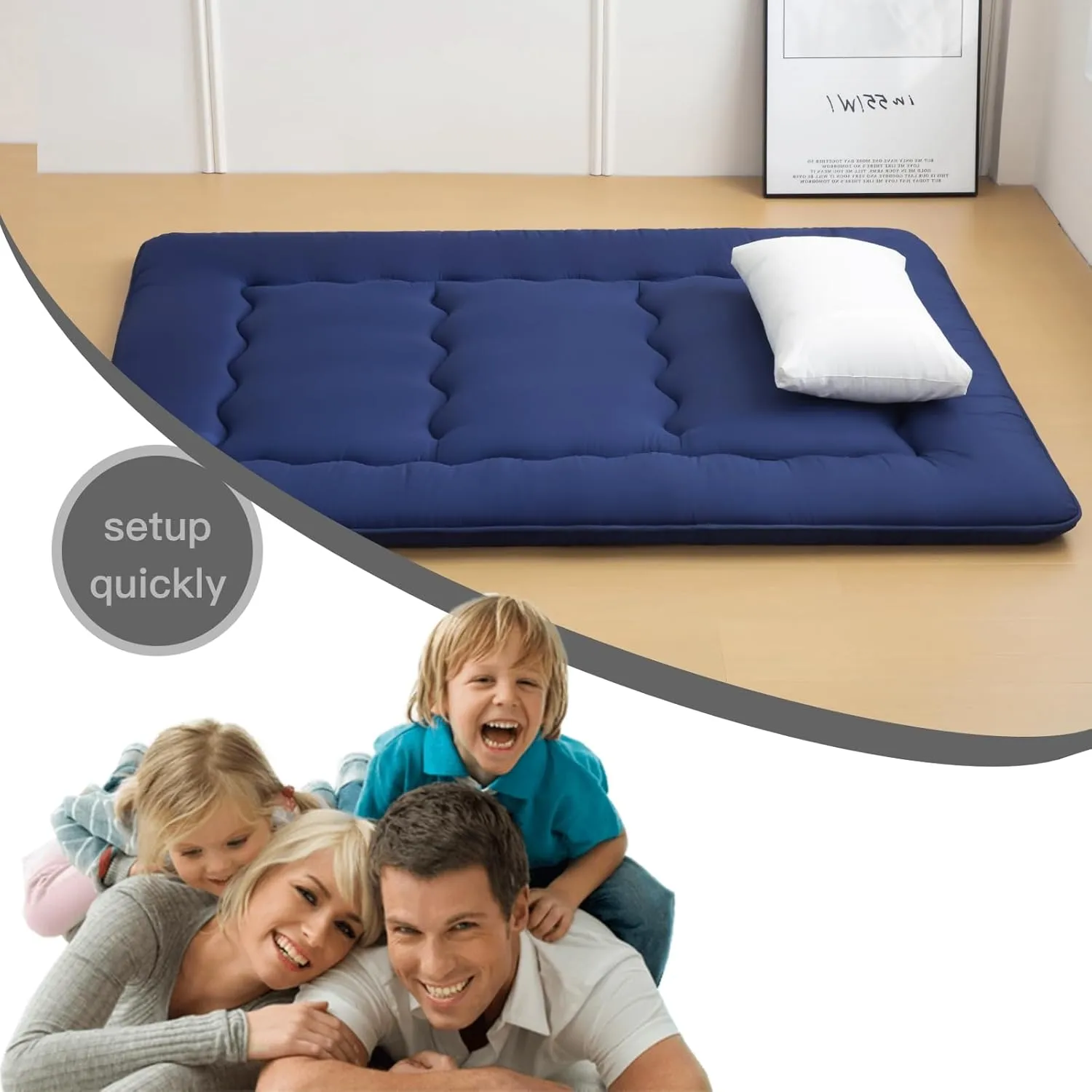 Japanese Floor Mattress Futon Mattress, Foldable Roll Up Mattress with Portable Storage Bag, Tatami Mat Sleeping Pad Suitable for Camping, Guest Room, Blue, Queen