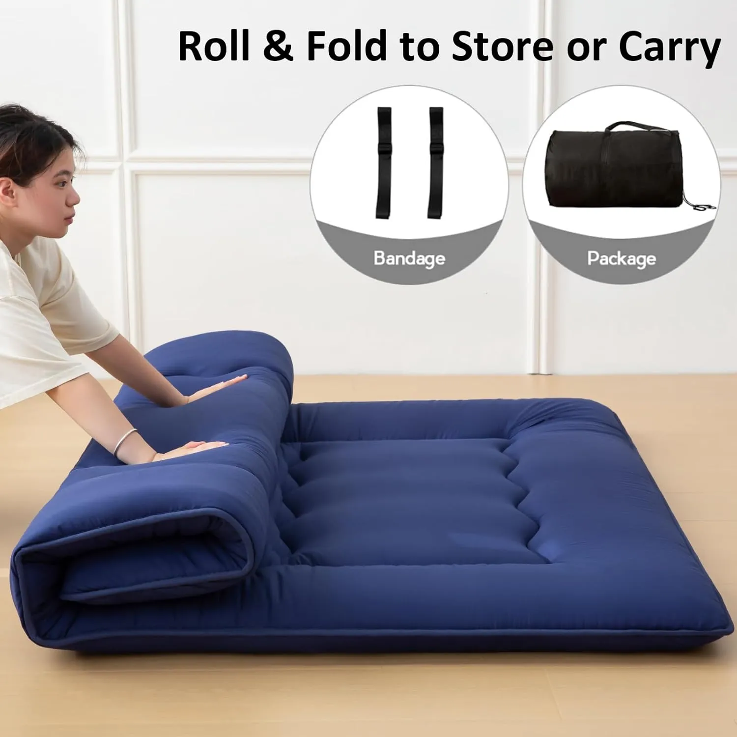 Japanese Floor Mattress Futon Mattress, Foldable Roll Up Mattress with Portable Storage Bag, Tatami Mat Sleeping Pad Suitable for Camping, Guest Room, Blue, Queen