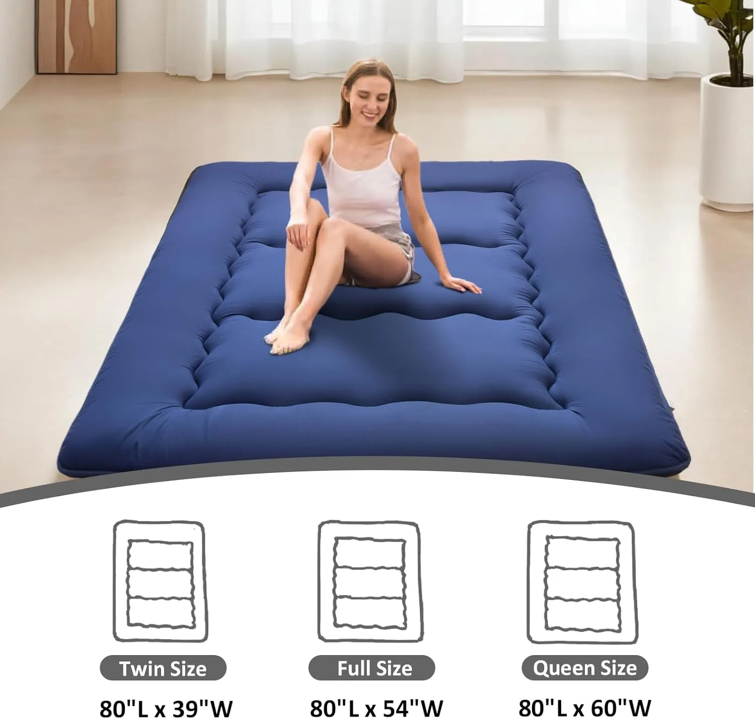 Japanese Floor Mattress Futon Mattress, Foldable Roll Up Mattress with Portable Storage Bag, Tatami Mat Sleeping Pad Suitable for Camping, Guest Room, Blue, Queen