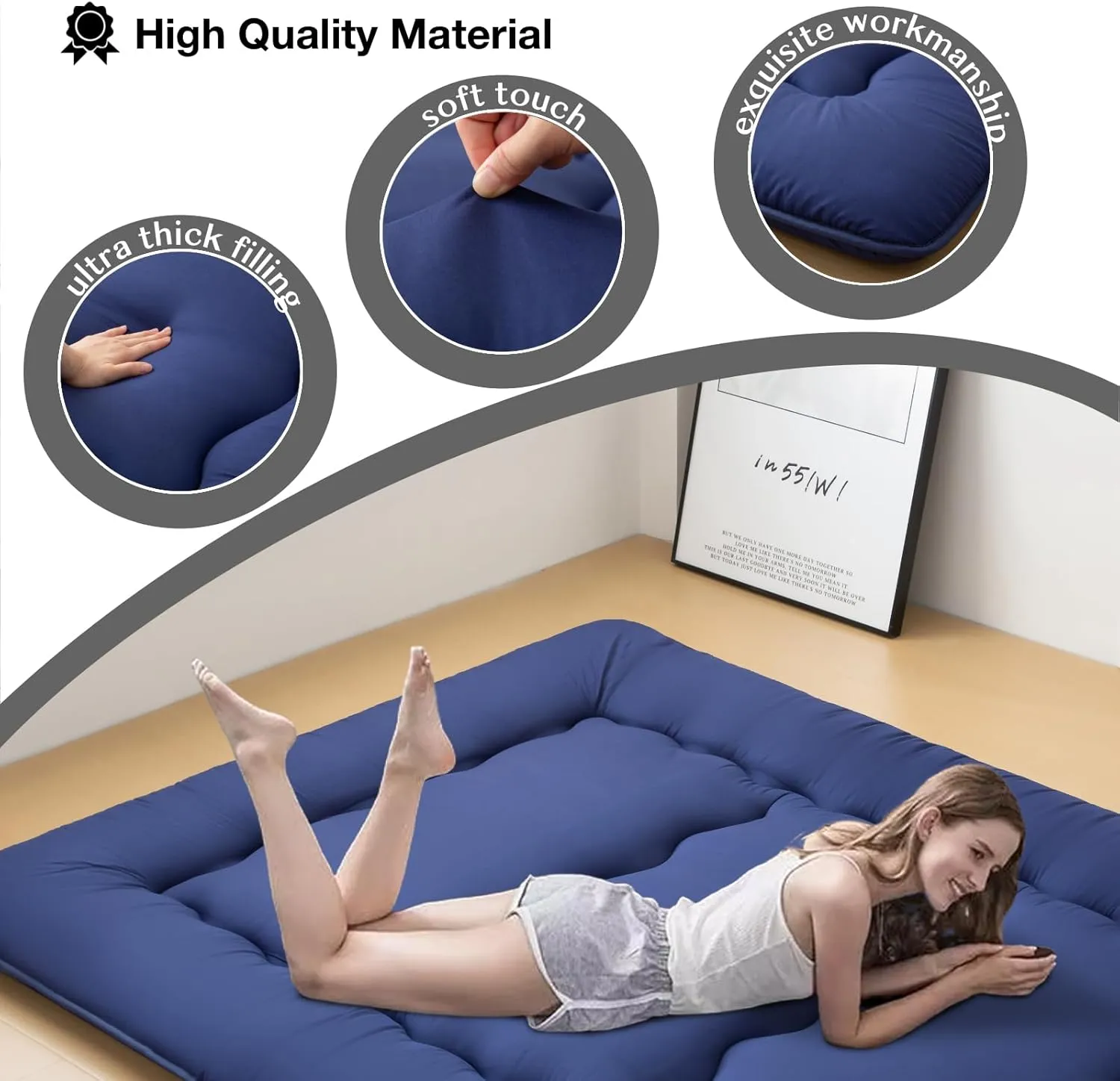 Japanese Floor Mattress Futon Mattress, Foldable Roll Up Mattress with Portable Storage Bag, Tatami Mat Sleeping Pad Suitable for Camping, Guest Room, Blue, Queen