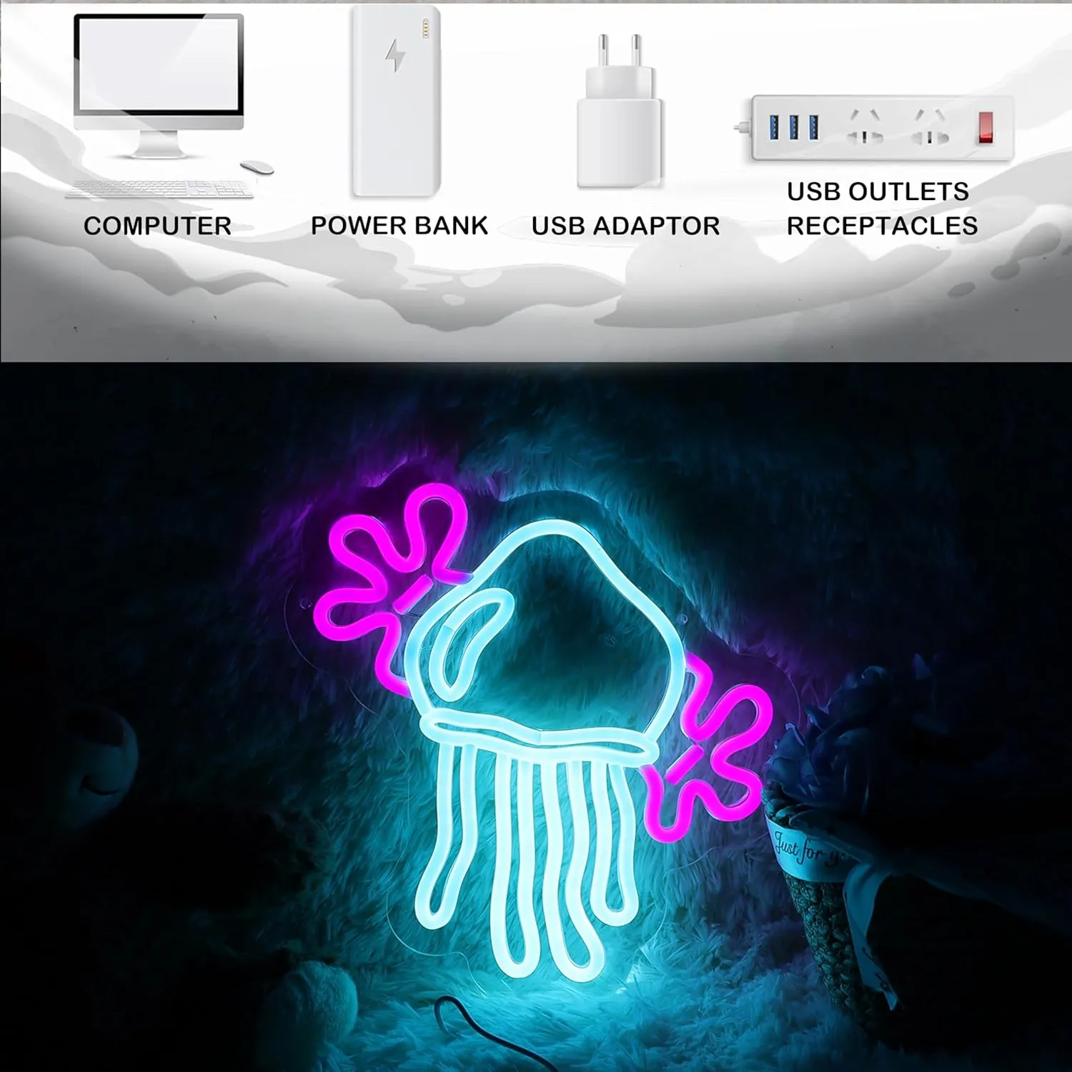Jellyfish Neon Sign Medusa Neon Light Jellyfish LED Neon Light Up Sign for Room Decor Ocean Style Room Wall Art 10.7"×11.4"