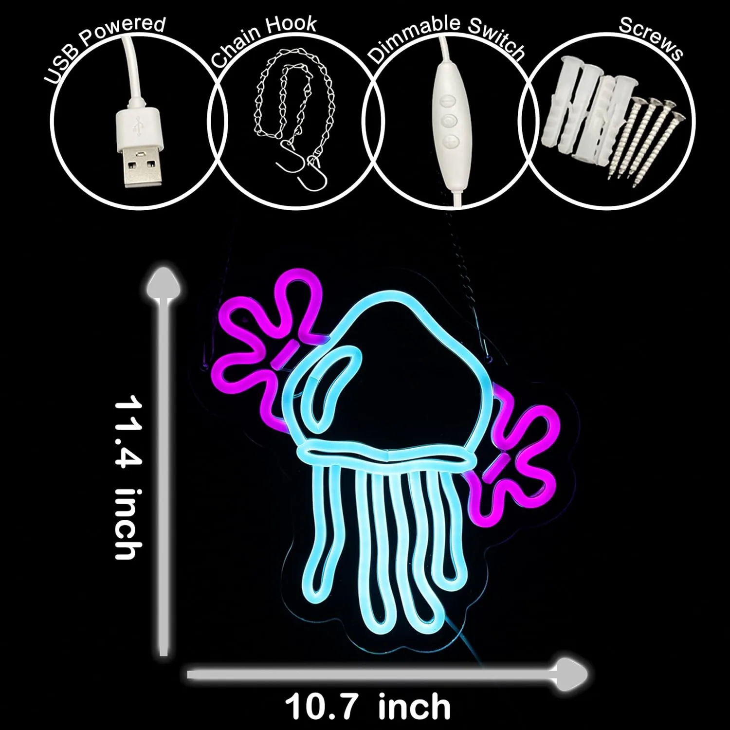 Jellyfish Neon Sign Medusa Neon Light Jellyfish LED Neon Light Up Sign for Room Decor Ocean Style Room Wall Art 10.7"×11.4"