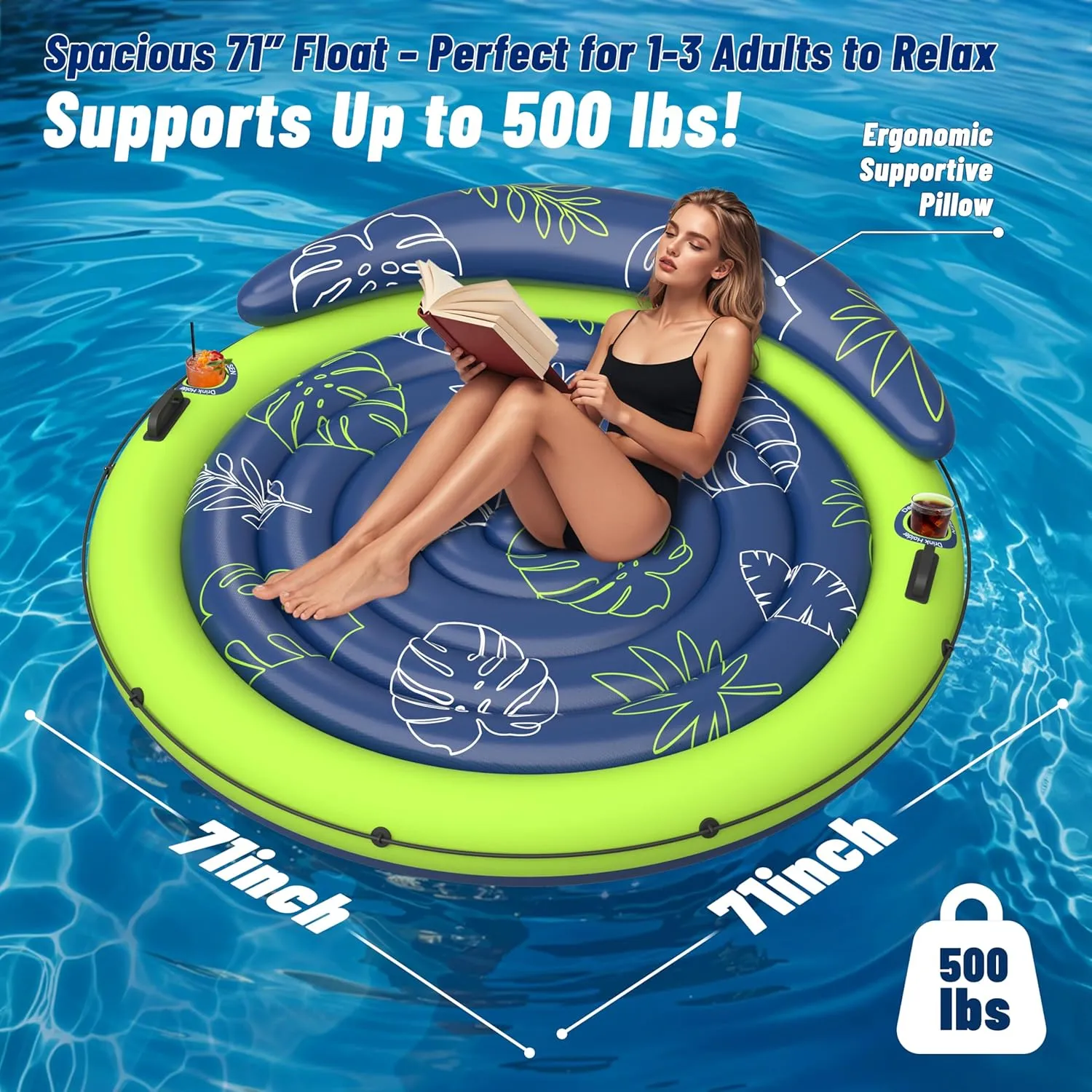 JOSEN Pool Floats Adult, Inflatable Tanning Pool - Extra Large Pool Floats for Adults Heavy Duty, Round Pool Rafts, River Lake Floaties Water Floats with Cup Holders