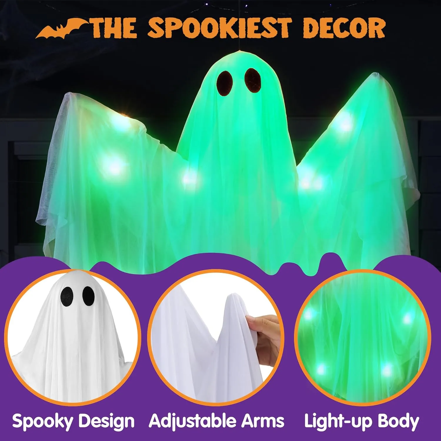 JOYIN Halloween Hanging Light up Ghost with Spooky Green LED Light, 47” Halloween Hanging White Ghosts Decoration for Front Yard Patio Lawn Garden Party Decor Indoor Outdoor