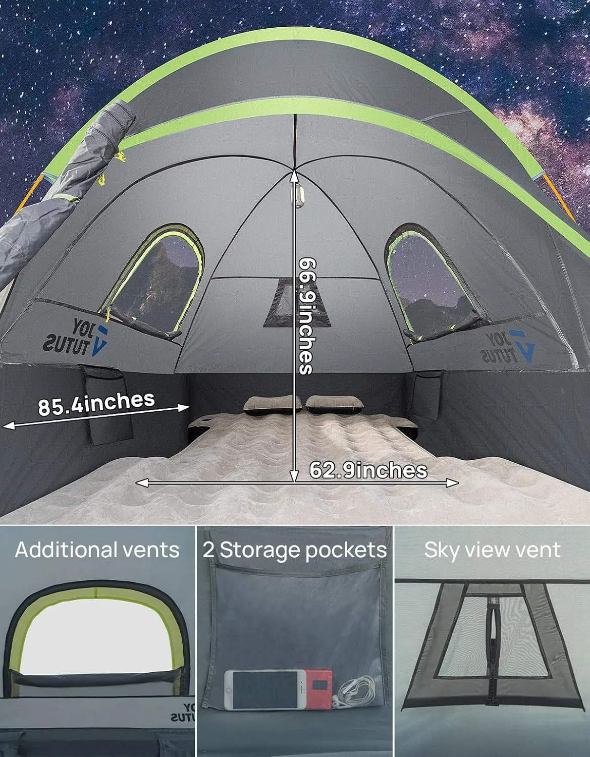 JOYTUTUS Pickup Truck Tent 5ft 2.0, Waterproof PU2000mm Double Layer for 2 Person, Portable Truck Bed Tent with Rainfly, Green, Aluminum Pole