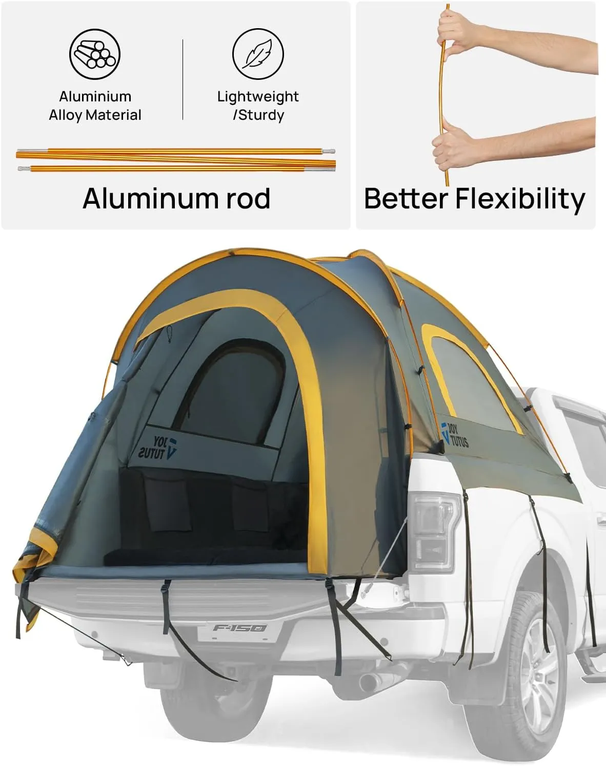 JOYTUTUS Pickup Truck Tent 5ft 2.0, Waterproof PU2000mm Double Layer for 2 Person, Portable Truck Bed Tent with Rainfly - Orange, Aluminum Pole