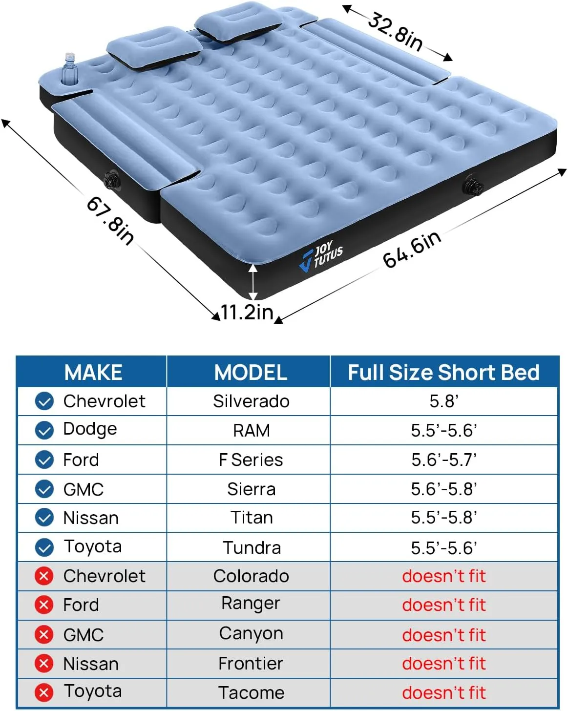 JOYTUTUS Truck Mattress for Camping, Air Bed with Inflatable Pillow for 5.5-5.8Ft, Full-Size Thicken Sleeping Pad with Cup Holder, Blow Up Bed for Car Truck Pickup F150, Grey Blue