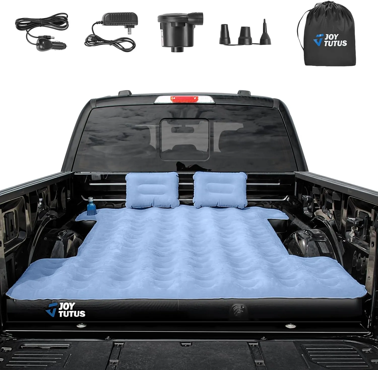 JOYTUTUS Truck Mattress for Camping, Air Bed with Inflatable Pillow for 5.5-5.8Ft, Full-Size Thicken Sleeping Pad with Cup Holder, Blow Up Bed for Car Truck Pickup F150, Grey Blue