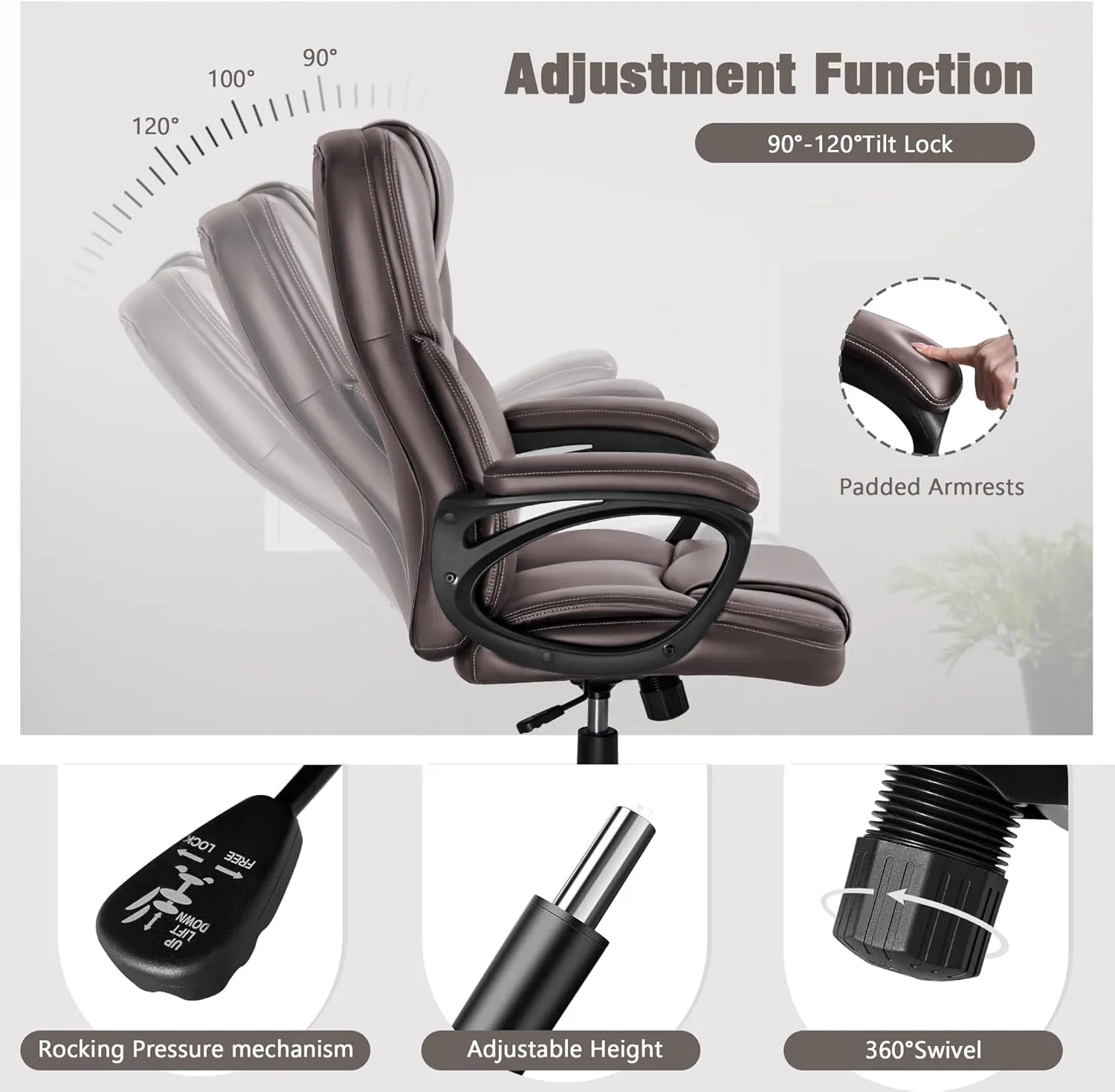 JUMMICO Executive Office Chair High Back Managerial Home Desk Chair, Adjustable Swivel Computer PU Leather Chair with Lumbar Support (Brown)