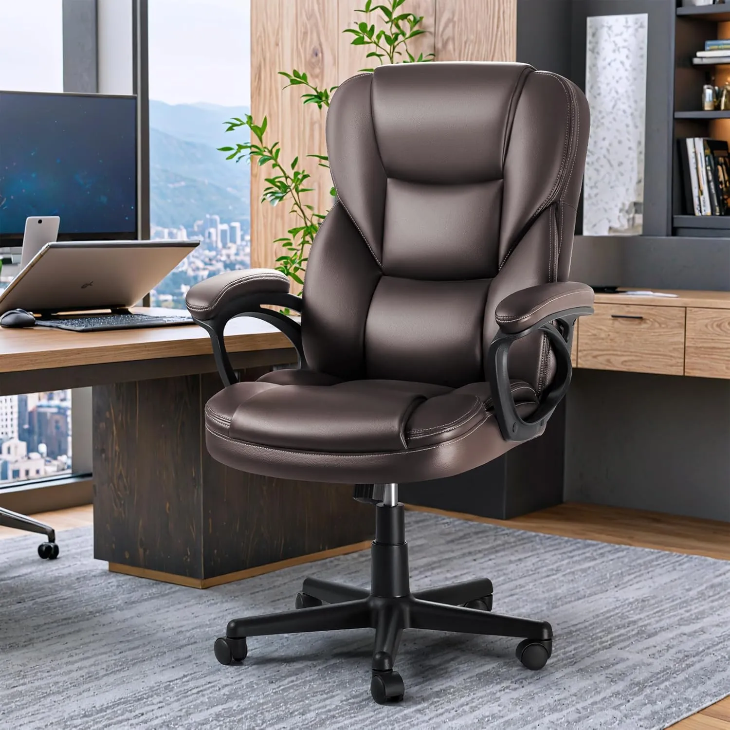 JUMMICO Executive Office Chair High Back Managerial Home Desk Chair, Adjustable Swivel Computer PU Leather Chair with Lumbar Support (Brown)