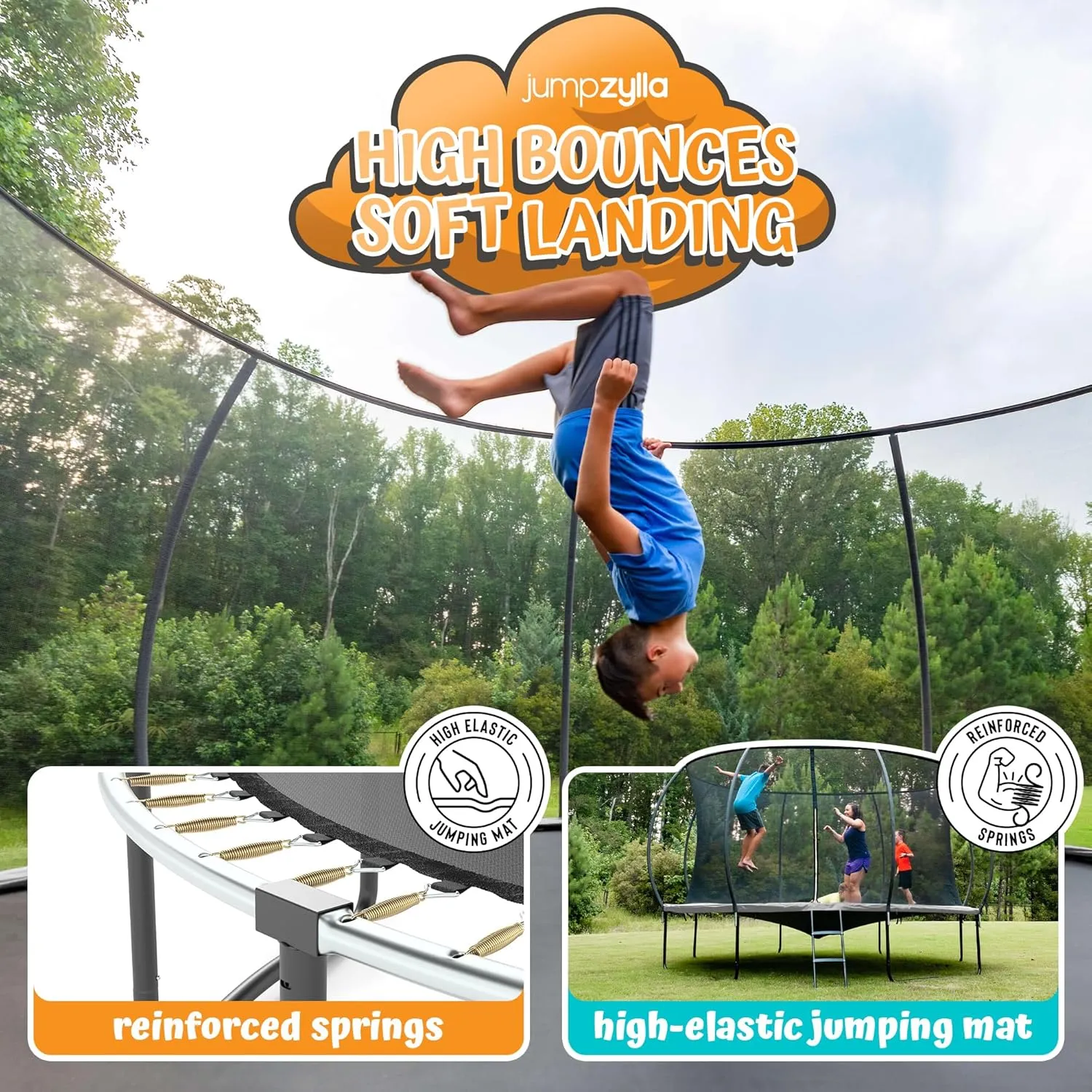 JUMPZYLLA Trampoline Outdoor 8FT 10FT 12FT 14FT 15FT 16FT with Enclosure and Ladder, ASTM Approved Recreational Trampoline for Kids and Adults, Anti-Rust Coated Frame