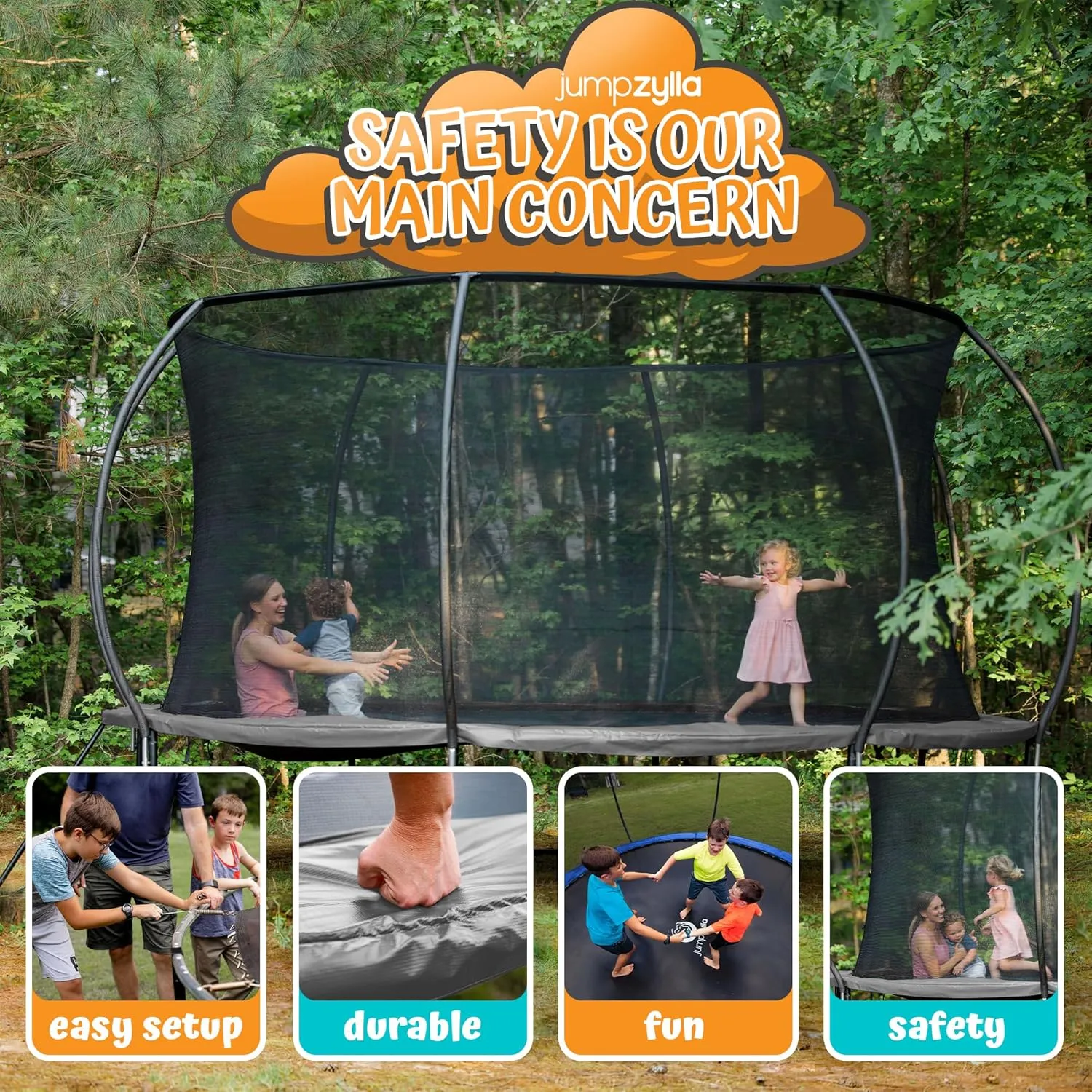 JUMPZYLLA Trampoline Outdoor 8FT 10FT 12FT 14FT 15FT 16FT with Enclosure and Ladder, ASTM Approved Recreational Trampoline for Kids and Adults, Anti-Rust Coated Frame
