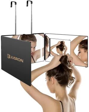 JUSRON 360 Viewing Angle Self Hair Cutting Mirror, Clear Anti-Fog HD Glass, USB Rechargeable, Easy to Use, Height Adjustable, Portable, Good Choice for Gifts