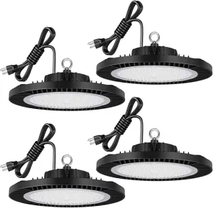 Juyace UFO LED High Bay Shop Light 200W with US Plug ETL Listed Durable Power Adapter 5000K Daylight Commercial Lighting for Garage Barn Warehouse Workshop Area (4 Pack)