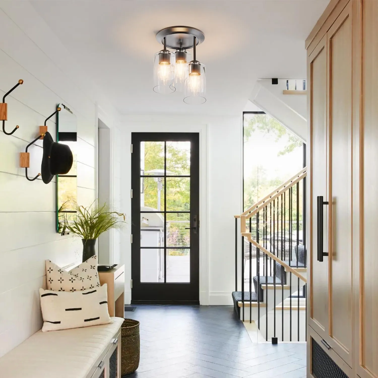 Kalium 3-Lights Semi Flush Mount Ceiling Light Fixture, Farmhouse Light Fixtures, Ceiling Light Decor for Kitchen, Foyer, Entryway, Matte Black with Clear Glass Shade.