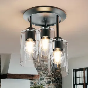 Kalium 3-Lights Semi Flush Mount Ceiling Light Fixture, Farmhouse Light Fixtures, Ceiling Light Decor for Kitchen, Foyer, Entryway, Matte Black with Clear Glass Shade.