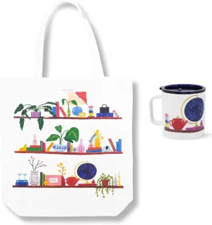 kate spade new york Canvas Tote Bag Bundle with Stainless Steel Insulated 16 oz Mug with Lid (Charmed Library)