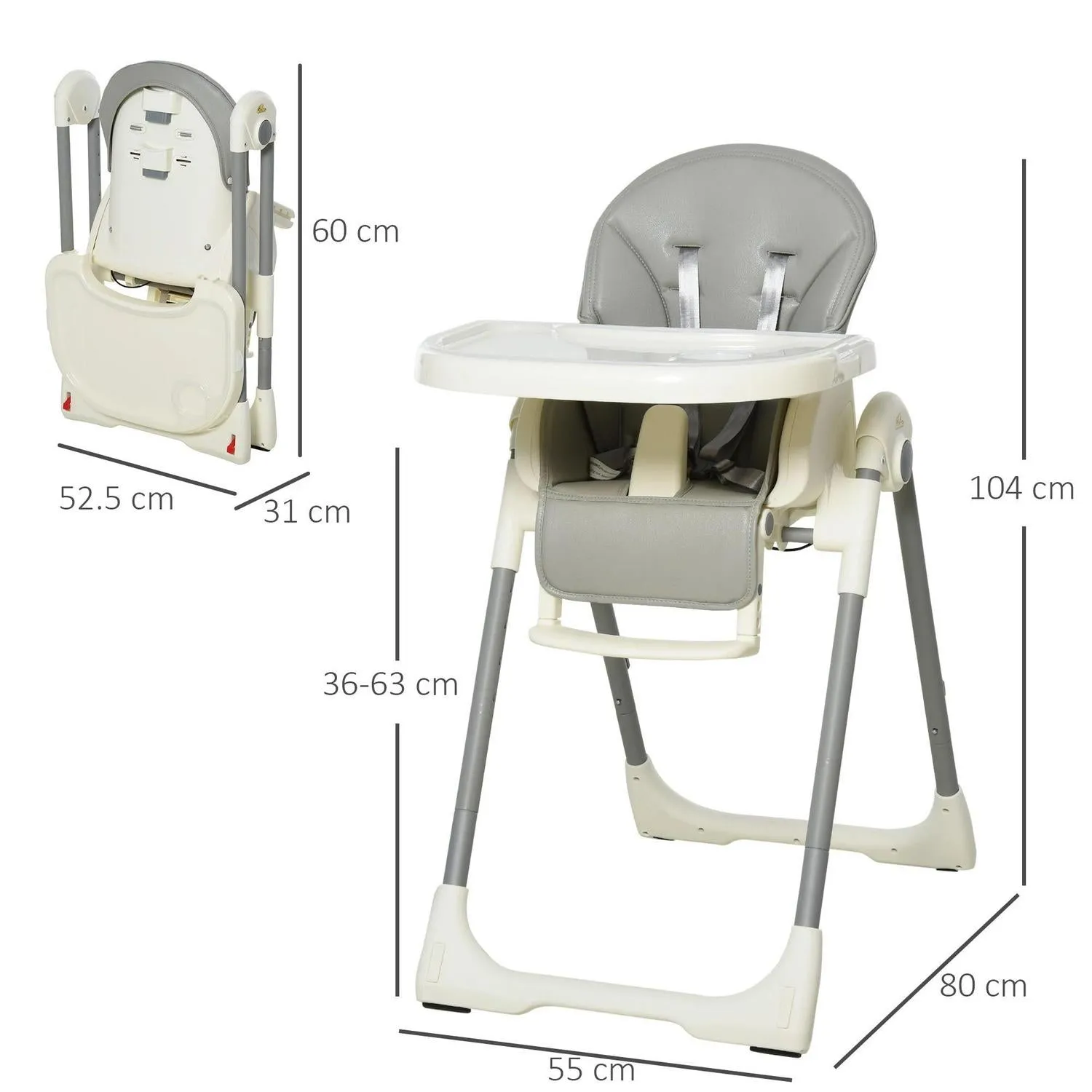 Kids Backrest 5 Point 6 Baby With Harness Footrest HOMCOM Removable 36 Chair Wireless For Safety Height Curated collection Months And High Convertible Grey Feeding Adjustable Foldable Tray -