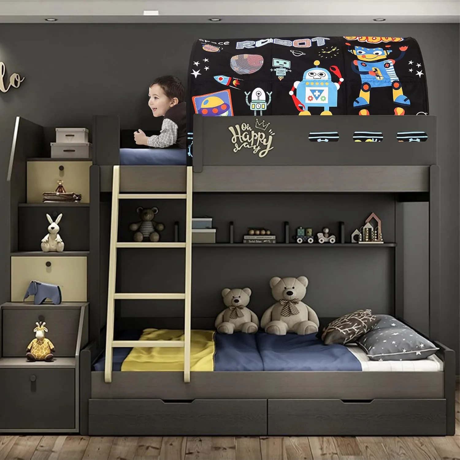Kids Bed Tent Twin Beds -Cartoons Wonder Play Tents Boys Girls Ventilated Indoor Play Tent Children Promotes Independent Play, Stimulates Imagination Set-Up Playhouse (Robots)
