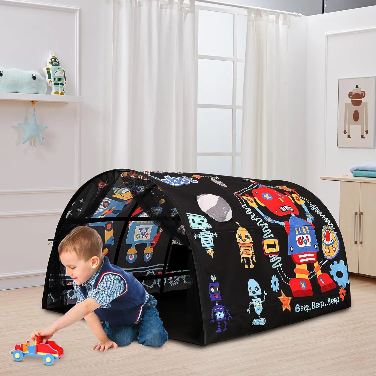 Kids Bed Tent Twin Beds -Cartoons Wonder Play Tents Boys Girls Ventilated Indoor Play Tent Children Promotes Independent Play, Stimulates Imagination Set-Up Playhouse (Robots)