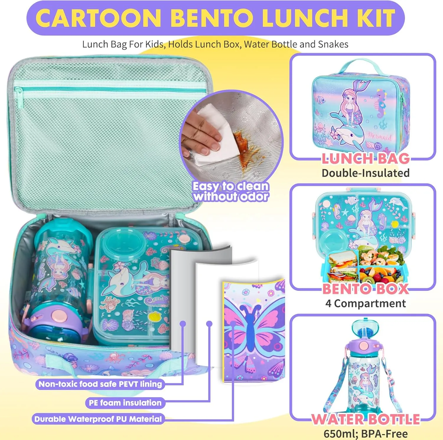 Kids Bento Lunch Box Set with 1200ml Leak-Proof Lunch Containers with Sauce Box, 650ml BPA-Free Water Bottle and Insulated Lunch Bag for Girls Boys Back to School Students Daycare Lunches