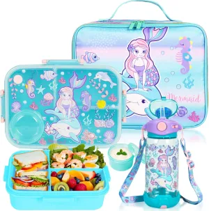 Kids Bento Lunch Box Set with 1200ml Leak-Proof Lunch Containers with Sauce Box, 650ml BPA-Free Water Bottle and Insulated Lunch Bag for Girls Boys Back to School Students Daycare Lunches