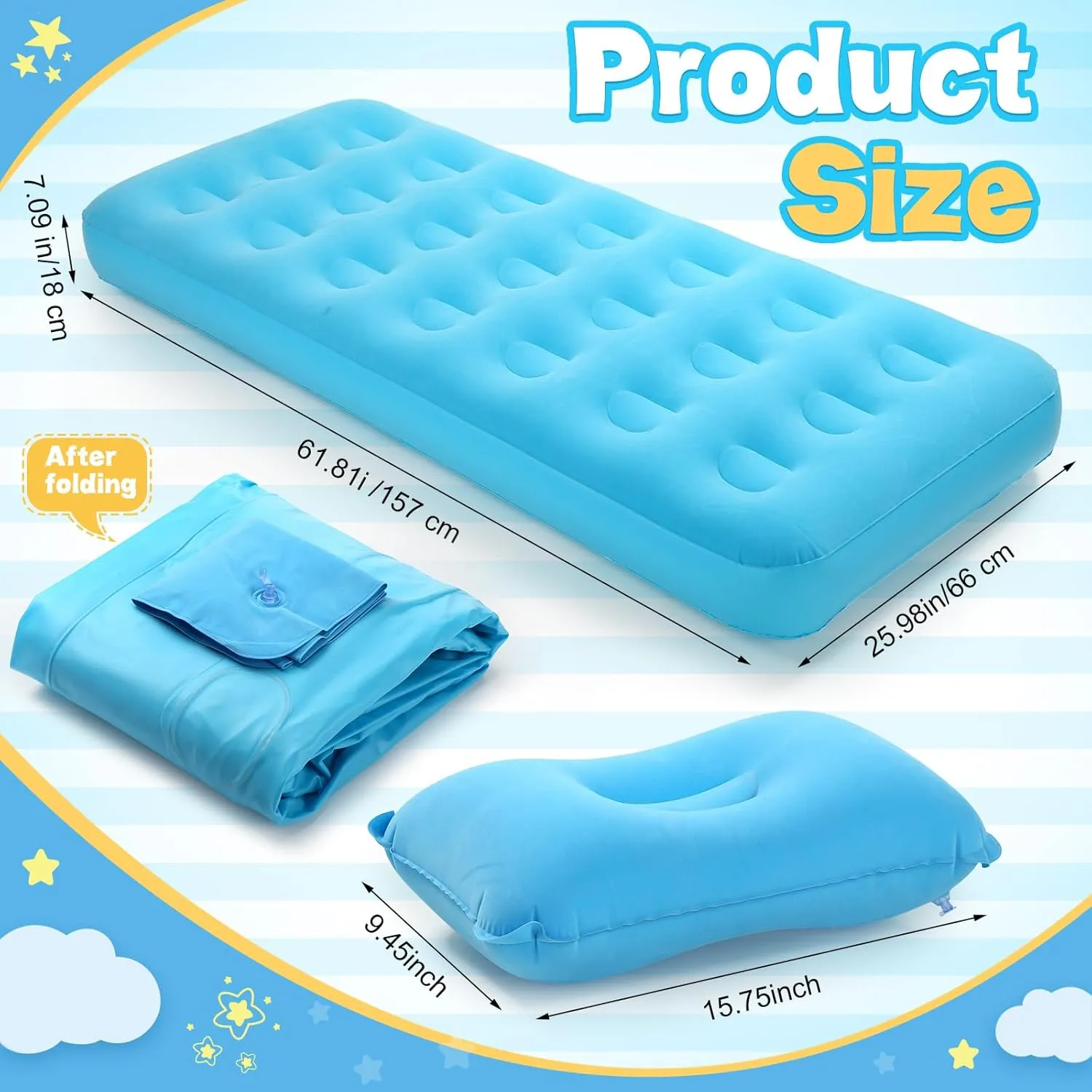 Kids Sleeping Pad for Camping Air Bed Flocked Surface with Inflatable Pillow Camping Air Mattress for Backpacking Travel Sleepover Outdoor Tent Guest(Sky Blue)