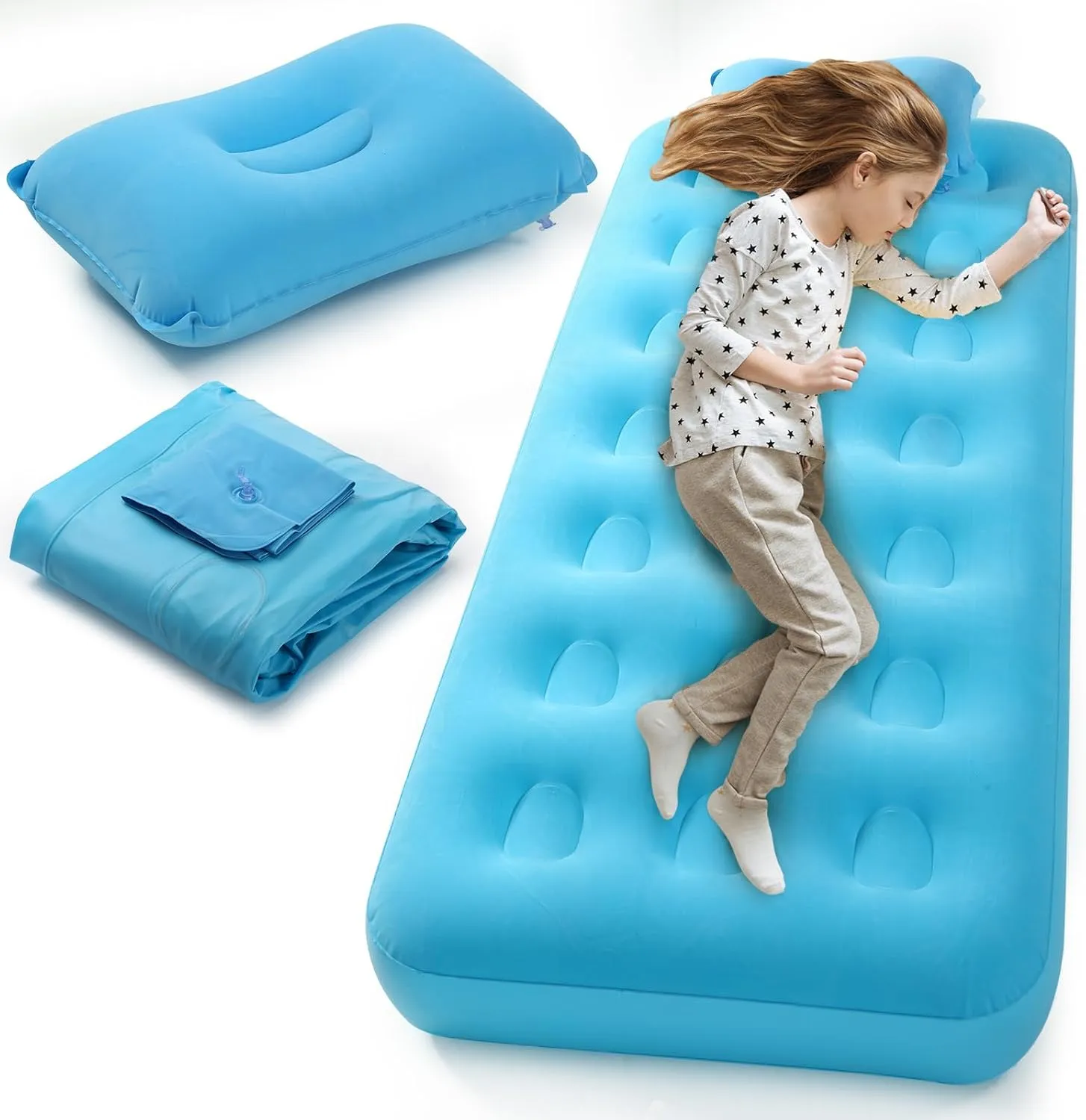 Kids Sleeping Pad for Camping Air Bed Flocked Surface with Inflatable Pillow Camping Air Mattress for Backpacking Travel Sleepover Outdoor Tent Guest(Sky Blue)