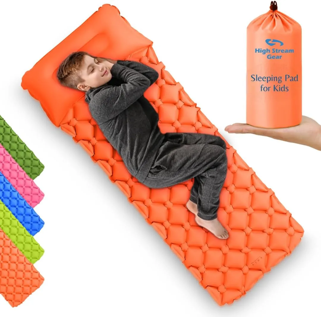 Kids Sleeping Pad for Camping and Sleepovers with Pillow, Inflatable Camping Mattress for Backpacking & Travel, Thick Toddler Cot Mat, Fast Inflating Camping Sleeping Pads for Kids