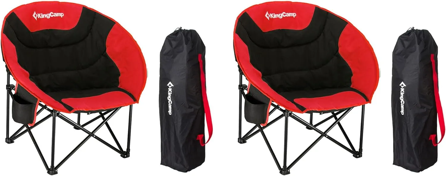 KingCamp 2 Pack Foldable Saucer Moon Lounge Chair with Cupholder Storage Pocket for Indoor Home or Outdoor Camping and Tailgating Use, Black/Red