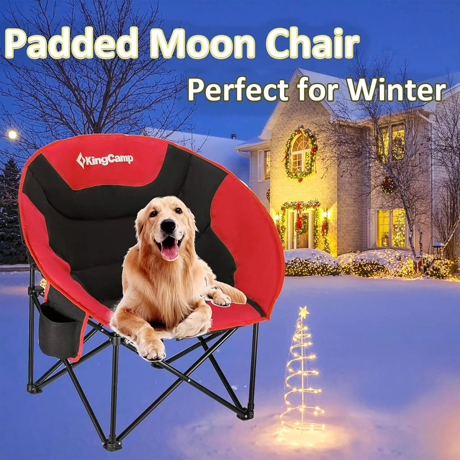 KingCamp 2 Pack Foldable Saucer Moon Lounge Chair with Cupholder Storage Pocket for Indoor Home or Outdoor Camping and Tailgating Use, Black/Red