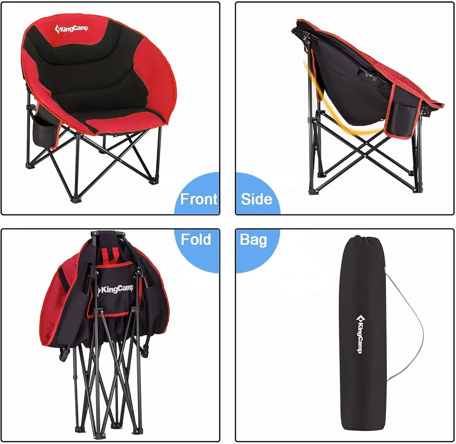 KingCamp 2 Pack Foldable Saucer Moon Lounge Chair with Cupholder Storage Pocket for Indoor Home or Outdoor Camping and Tailgating Use, Black/Red