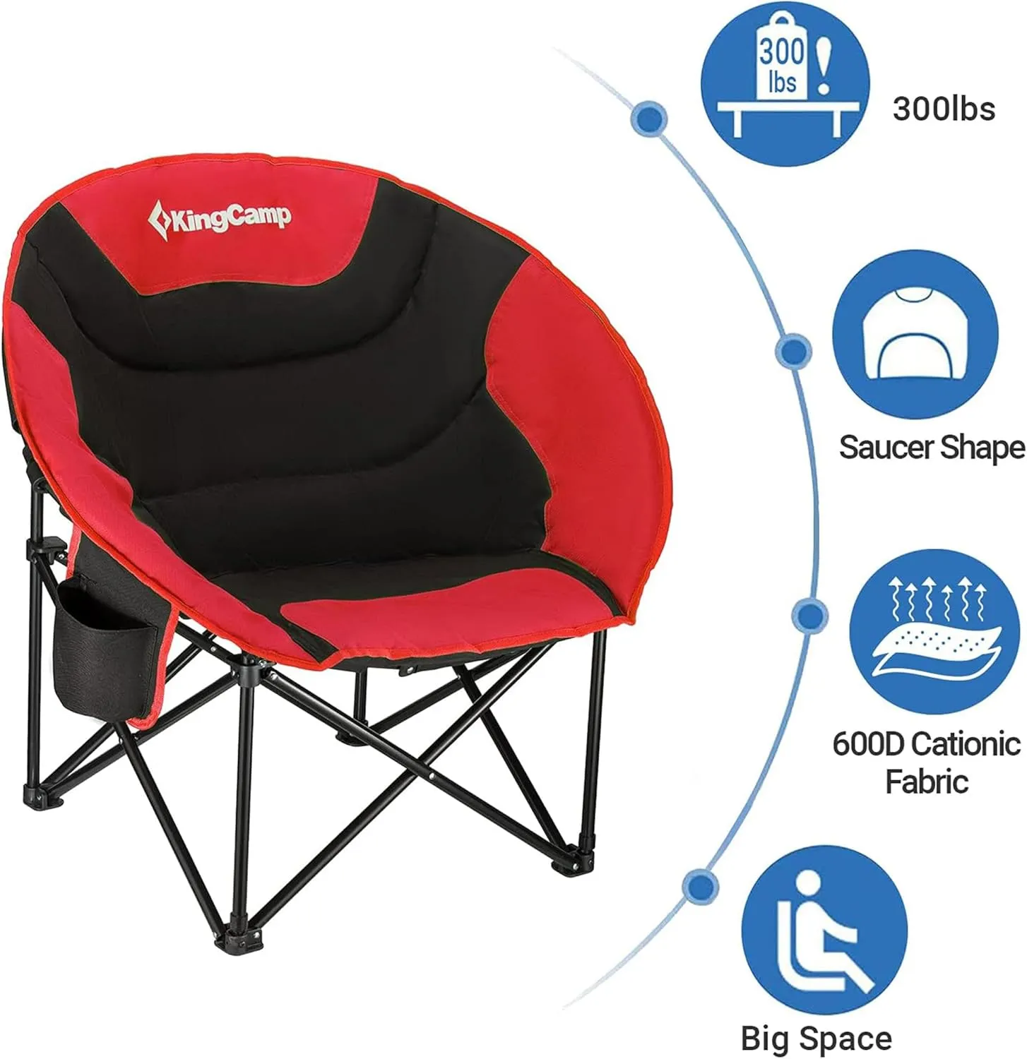 KingCamp 2 Pack Foldable Saucer Moon Lounge Chair with Cupholder Storage Pocket for Indoor Home or Outdoor Camping and Tailgating Use, Black/Red